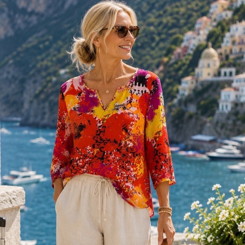 Multiples Abstract Floral Notched V-Neck 3/4 Sleeve Top Lagenlook Travel Boho PL